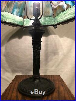Antique Signed Miller 12 Panel Slag RainbowithGreen Glass Lamp 21 1/2 X 16