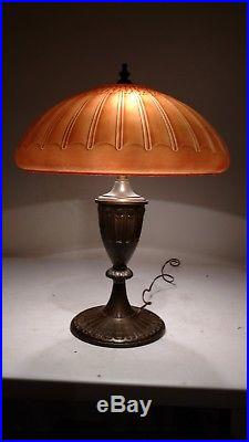 Antique Signed Miller Lamp with Slag Glass Painted Shade 1910