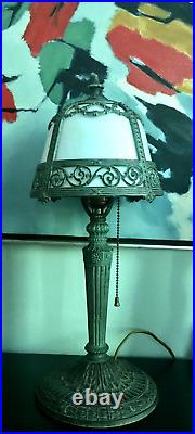 Antique Signed Miller Slag Glass 4 Panel Boudoir Lamp