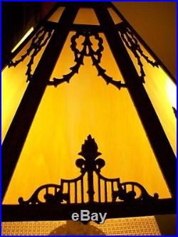 Antique Signed Rainaud Caramel 6 Panel Slag Glass Lamp. (JUST BEATIFUL!)