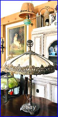 Antique Signed The Segar Studios NY Bronze Table Lamp Overlay Slag Glass Shade