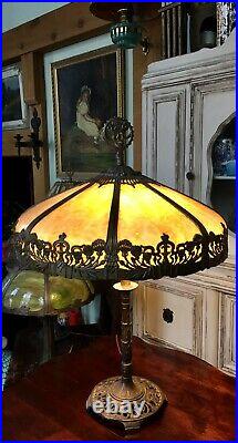 Antique Signed The Segar Studios NY Bronze Table Lamp Overlay Slag Glass Shade