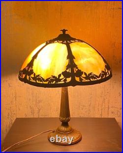Antique Six Panel Slag Glass Table Lamp 23 Tall