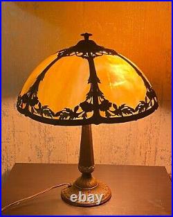 Antique Six Panel Slag Glass Table Lamp 23 Tall