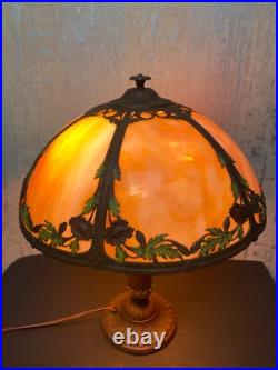 Antique Six Panel Slag Glass Table Lamp 23 Tall