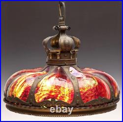 Antique Slag & Bent Panel Glass Hanging Lamp c1900