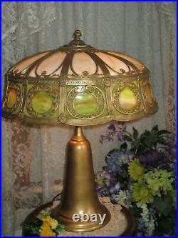 Antique Slag Glass 12 Panel 2 Color Electric Table Lamp Marked MLC