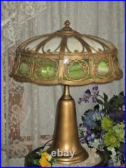 Antique Slag Glass 12 Panel 2 Color Electric Table Lamp Marked MLC