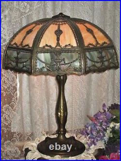 Antique Slag Glass 16 Panel 2 Color Electric Table Lamp
