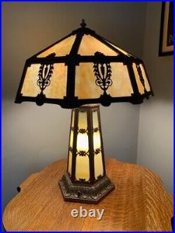 Antique Slag Glass 22 Panel Lighted Base Electric Table Lamp Perfect Shape