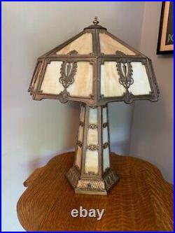 Antique Slag Glass 22 Panel Lighted Base Electric Table Lamp Perfect Shape