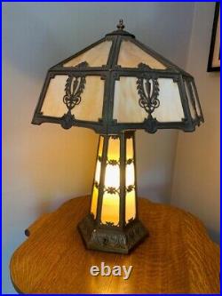 Antique Slag Glass 22 Panel Lighted Base Electric Table Lamp Perfect Shape