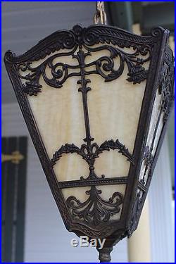 Antique Slag Glass 4 Sides Porch / Hall Pendant Light Fixture Hanging Lamp