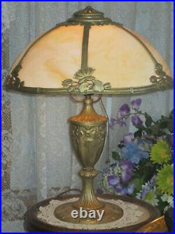Antique Slag Glass 6 Panel Electric Table Lamp Signed Miller