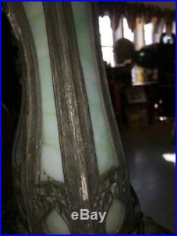 Antique Slag Glass 6 Panel Lamp with Slag Glass Base Beautiful Green & Blue