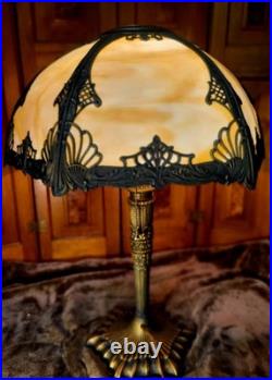 Antique Slag Glass 6 Panel Table Lamp