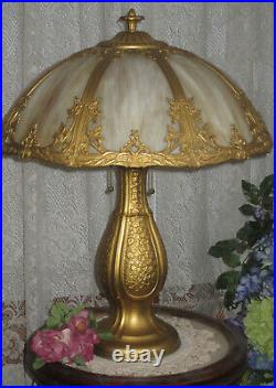Antique Slag Glass 8 Panel Electric Table Lamp