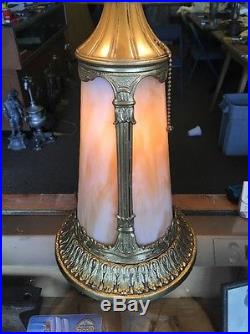 Antique Slag Glass 9 Panel Lighted Base Table Lamp Hubbell Sockets