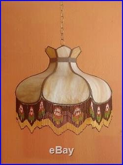Antique Slag Glass Beaded Fringe Caramel Chandelier Hanging VictorianLamp Shade