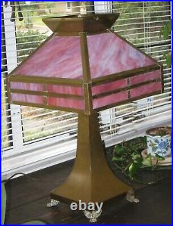 Antique Slag Glass/Brass Lamp Mission Style Arts & Crafts Great Condition