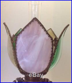 Antique Slag Glass & Brass Tulip Parlor Oil Lamp GWTW Banquet P&A Royal