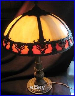 Antique Slag Glass Bronzed Table Lamp Domed Caramel & Coral Panel Shade EX B&H