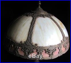 Antique Slag Glass Bronzed Table Lamp Domed Caramel & Coral Panel Shade EX B&H