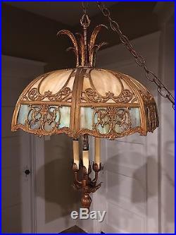 Antique Slag Glass Chandelier Four Candelabra Hanging Light Lamp
