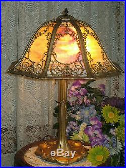 Antique Slag Glass Electric 8 Panel Table Lamp
