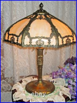 Antique Slag Glass Electric Panel Lamp 8 Panels Smooth Amber Glass