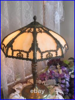 Antique Slag Glass Electric Panel Lamp 8 Panels Smooth Amber Glass