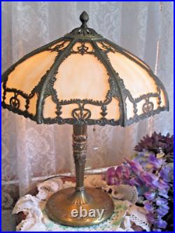 Antique Slag Glass Electric Panel Lamp 8 Panels Smooth Amber Glass