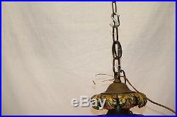 Antique Slag Glass Hanging Ceiling Chandelier Lamp, Bronze Frame c. 19th