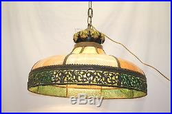 Antique Slag Glass Hanging Ceiling Chandelier Lamp, Bronze Frame c. 19th