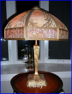 Antique Slag Glass Lamp, Apple Blossom Filigree, 16 Panels, 25 Tall, Shade 20
