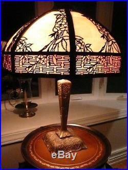 Antique Slag Glass Lamp, Apple Blossom Filigree, 16 Panels, 25 Tall, Shade 20
