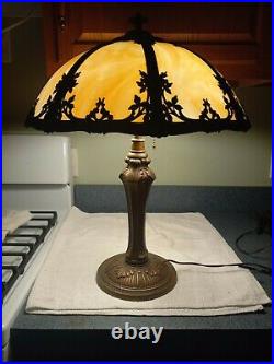 Antique Slag Glass Lamp Bent Panel Spelter