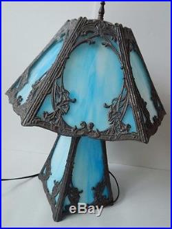 Antique Slag Glass Lamp Blue White Swirl Lighted Base 6 Panel Shade