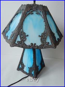 Antique Slag Glass Lamp Blue White Swirl Lighted Base 6 Panel Shade