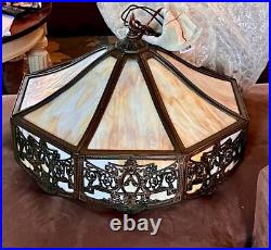 Antique Slag Glass Lamp CHANDELIER-Arts Crafts Hanging Light Pendant-16 Panels