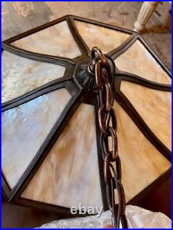 Antique Slag Glass Lamp CHANDELIER-Arts Crafts Hanging Light Pendant-16 Panels