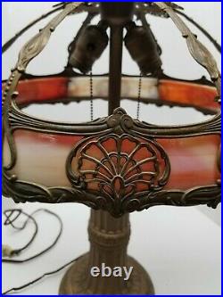 Antique Slag Glass Lamp Leaded Base with 8 Camel Bent Panel Shade