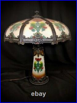 Antique Slag Glass Lamp Lighted Base Bradley Hubbard Handel Era Lamp 8 Panel Sla