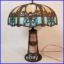 Antique Slag Glass Lamp Octagon 2 Color Blue Tan Light Up Base Cherub Victorian