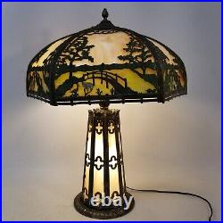 Antique Slag Glass Lamp Octagon 2 Color Green Tan Light Up Base Water Victorian