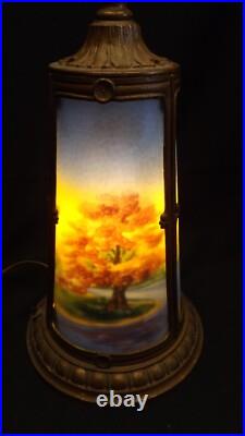 Antique Slag Glass Lamp Reverse Painted Landscape Scene Base Only