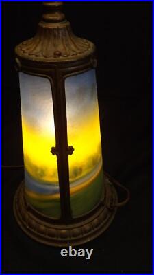 Antique Slag Glass Lamp Reverse Painted Landscape Scene Base Only