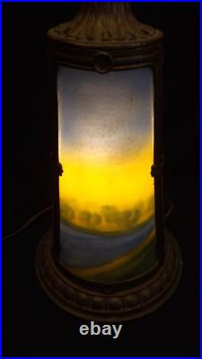 Antique Slag Glass Lamp Reverse Painted Landscape Scene Base Only
