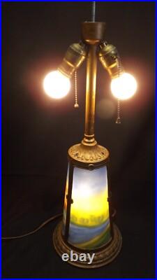 Antique Slag Glass Lamp Reverse Painted Landscape Scene Base Only
