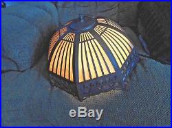 Antique Slag Glass Lamp Shade Brass Overlay 16 Panels Arts And Crafts B&h Style